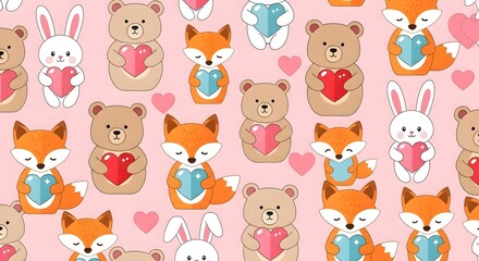 Digital illustration of cute cartoon animals holding hearts on a pink background.