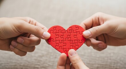 Fototapeta premium Hands joining together a red heart puzzle, a concept of love, relationships, and finding the perfect match.