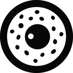 Stylized black and white illustration of a human eye with a concentric circle iris and scattered dots