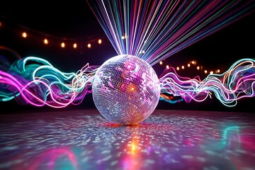 A glowing disco ball surrounded by vibrant swirling neon lights, creating a colorful explosion of energy that lights up the dance floor.