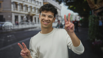 Man wearing white sweater and glasses makes peace sign with both hands on urban street corner;...