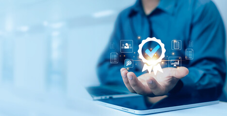 Hand shows sign of top service Quality assurance, Guarantee, Standards, ISO certification and...