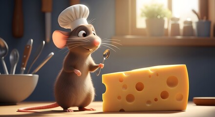 A cartoon mouse chef standing next to a block of cheese with a fork in a kitchen with warm lighting.