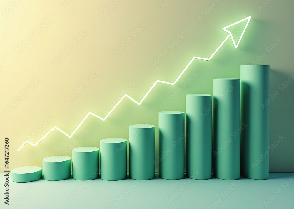 Poster visual representation of increasing success, showing a radiant arrow and rising columns indicating p