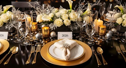 Elegant new year's eve table setting decor with gold and white for a luxurious celebration party 2026