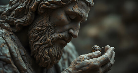 Naklejka premium Ancient Stone Sculpture of a Wise Old Man Holding a Tiny Creature in His Hands