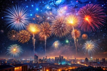 Fototapeta premium Panoramic fireworks, starry skies, and holiday cheer illuminate urban exploration photography.