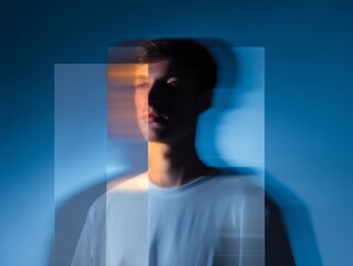 Creative portrait of a young man with motion blur, showcasing artistic effects and blending of colors in a studio setting.