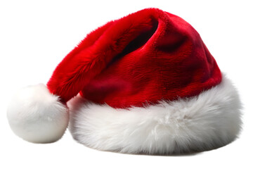A single red santa hat with a fluffy white fur trim, isolated on a transparent background, representing a classic christmas accessory and holiday cheer
