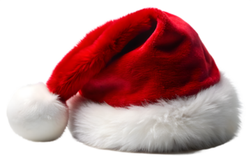 A single red santa hat with a fluffy white fur trim, isolated on a transparent background, representing a classic christmas accessory and holiday cheer