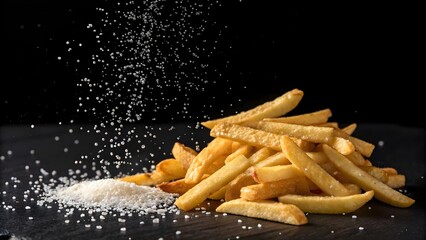 Crispy French Fries Being Sprinkled with Sea Salt on Black Surface