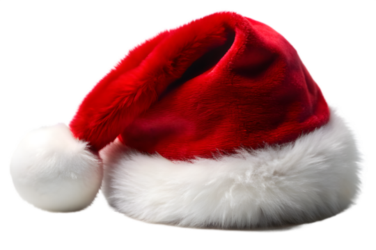 A single red santa hat with a fluffy white fur trim, isolated on a transparent background, representing a classic christmas accessory and holiday cheer - Powered by Adobe