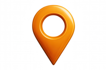 Glossy orange location pin marking precise destination on transparent surface, highlighting digital mapping and navigation design elements