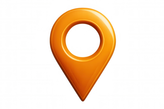 Glossy orange location pin marking precise destination on transparent surface, highlighting digital mapping and navigation design elements