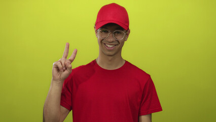 Young man wearing glasses and red cap and t shirt making peace sign with smiling face in green studio; optimism.