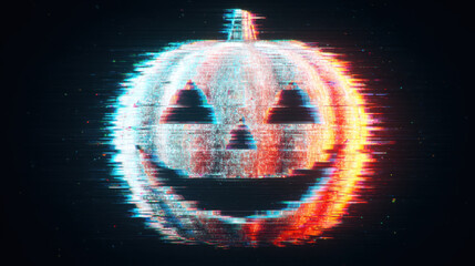 Smiling spooky cyberpunk jack o lantern for digital halloween. retro glitch effect creates scary futuristic abstract art background