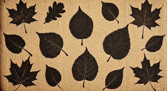 A collection of various dark leaf silhouettes on a textured, aged, tan background, showcasing different shapes and patterns. - Powered by Adobe