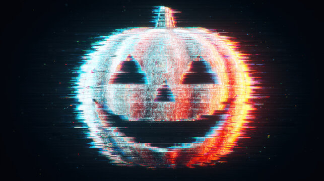 Smiling spooky cyberpunk jack o lantern for digital halloween. retro glitch effect creates scary futuristic abstract art background