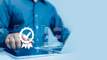 Hand shows sign of top service Quality assurance, Guarantee, Standards, ISO certification and...