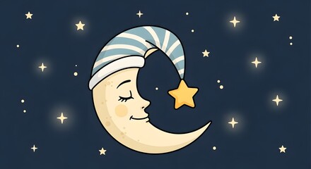 A crescent moon wearing a sleeping cap, smiling peacefully amidst twinkling stars; flat illustration with a calm, dreamy blue palette against a dark night sky.