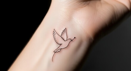 Obraz premium Close-up view of a minimalist line art dove tattoo on a fair-skinned wrist, showcasing delicate black ink against pale skin, conveying a peaceful mood.