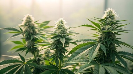 Naklejka premium Mature cannabis plants with flowering buds growing indoors in a controlled cultivation facility with soft natural light