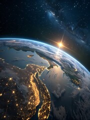 Fototapeta premium Planet Earth from space with city lights and sunrise over the horizon in a starry night sky