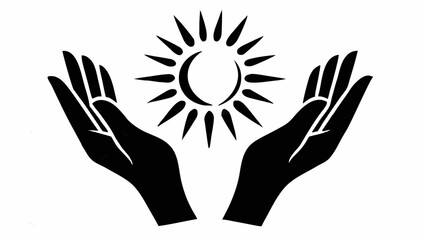 Fototapeta premium Illustration of two hands reaching up to a sun with rays, depicted in a simple black and white style silhouette