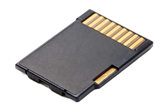 Close up of a micro sd card with gold contacts on a black background