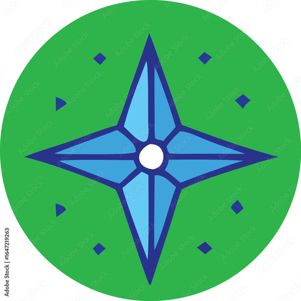 Aufkleber geometric blue compass rose with four points centered on a vibrant green circular background with sm