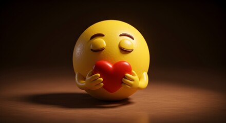 Affectionate emoji with closed eyes holding a red heart with both hands