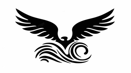 Obraz premium Black eagle with outstretched wings above stylized waves in a monochrome graphic design element image silhouette