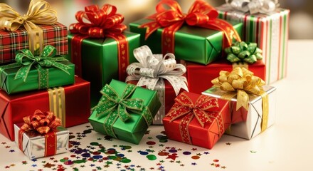 Gifts Galore: Presents wrapped in festive paper and adorned with colorful ribbons, evoking a sense of joy and anticipation.