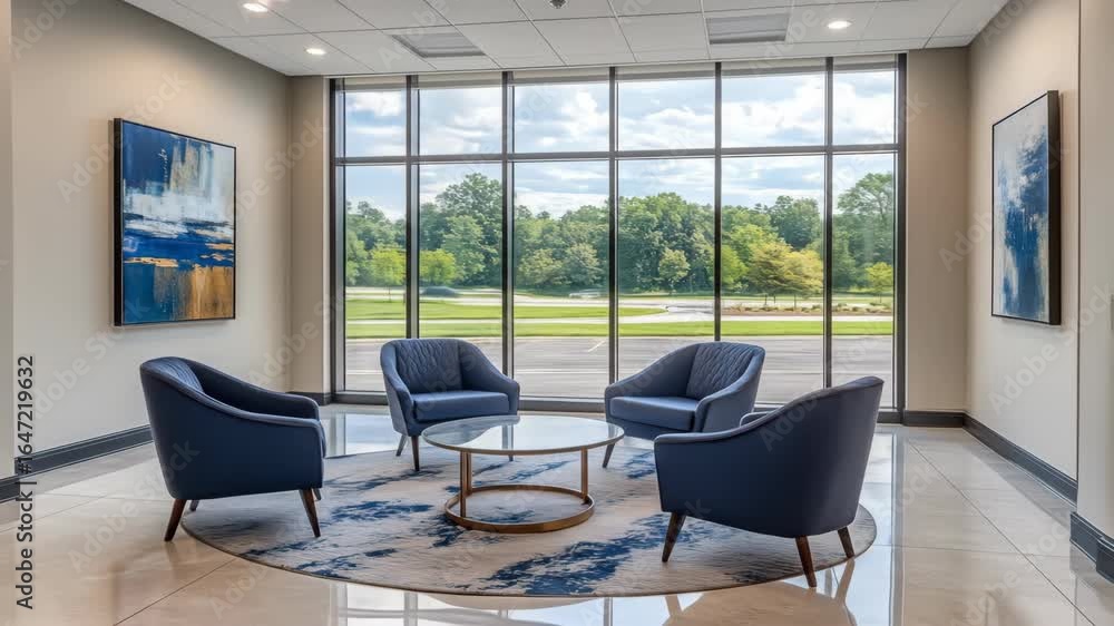 Poster modern waiting area with large windows overlooking a park-like setting