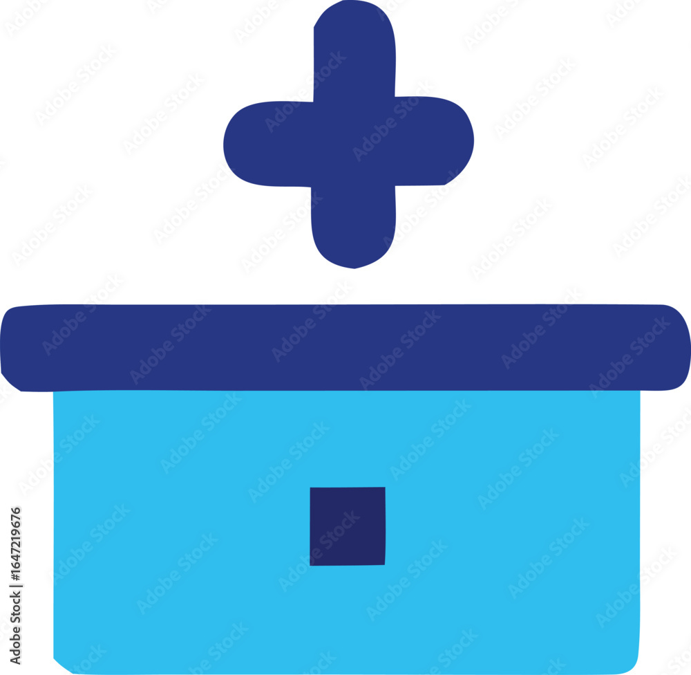 Poster simple blue icon illustrating a plus sign above a stylized building or structure with a square windo