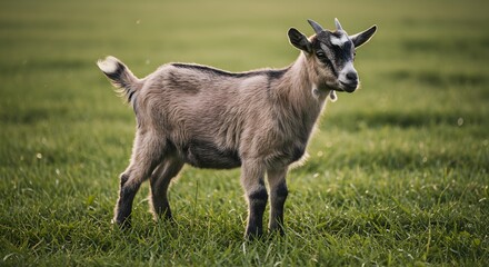 Young goat standing in a green field under natural light looking curious