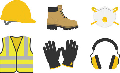 Personal protective equipment vector set, safety helmet, gloves, boots, mask, vest, and earmuffs for industrial, construction, and workplace safety illustration