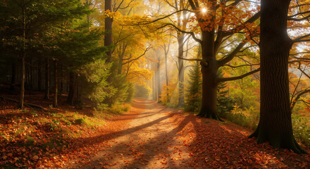 Obraz premium Autumn forest path with fallen leaves and sunlight streaming through trees 