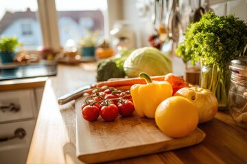 A bright and minimalistic kitchen scene featuring a cutting board with a variety of fresh vegetables on it.