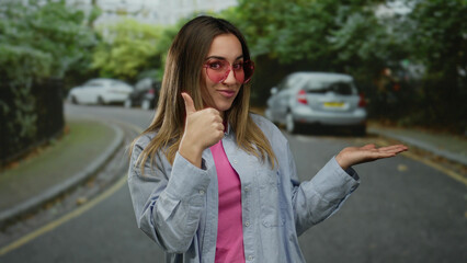 Fototapeta premium Woman gestures with thumb up and points to palm outdoors on a street, wearing sunglasses and casual clothes with cars in the background.