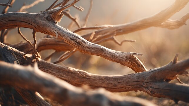 Close-up of weathered, dry, dead wood branches in sunlight, natural texture and detail