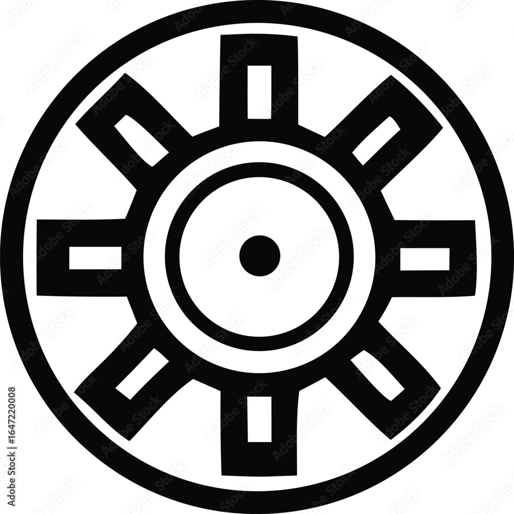 Poster geometric symbol of a circular design with eight rectangular spokes radiating from a central circle 
