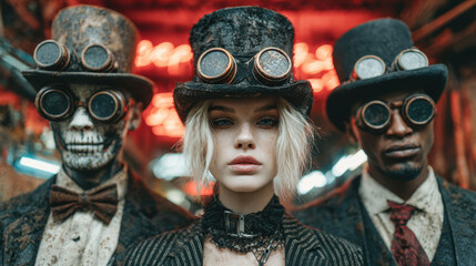 Serious group portrait of mysterious woman and men in steampunk costume for futuristic cyberpunk halloween with mechanical aesthetic