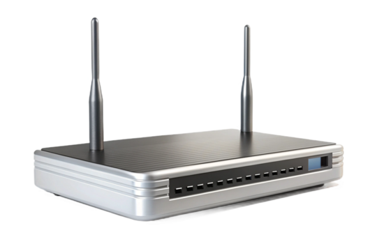 Modern wireless router with dual antennas on black background
