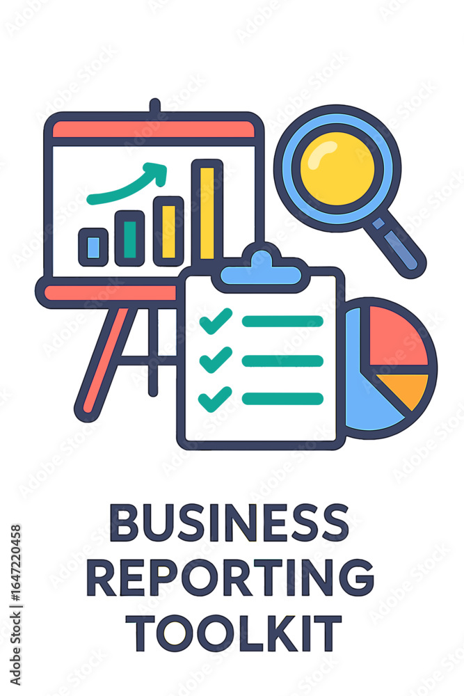 Poster business reporting toolkit with charts and checklist illustration business reporting toolkit