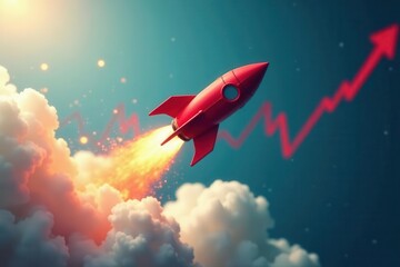Red rocket soaring past blurred financial graph , goal, investment, red