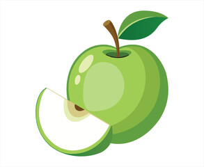 Cartoon Green Apple with a Slice and Leaf on a White Background