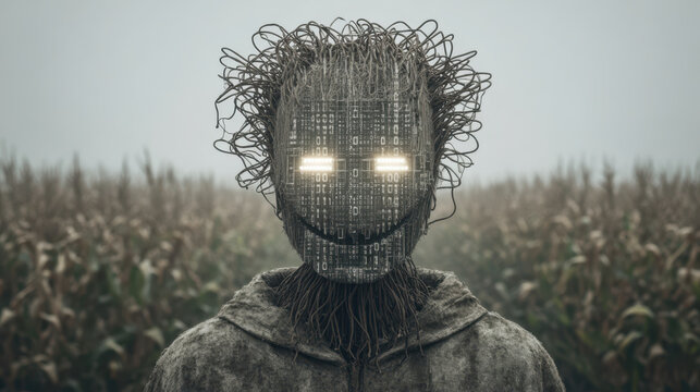 Scary cyberpunk scarecrow with glowing eye and sinister smile in dark cornfield. creepy mysterious monster concept for halloween horror
