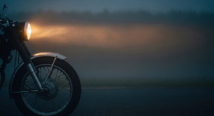 Vintage motorcycle headlight shining on a foggy road at dusk with copy space in the background