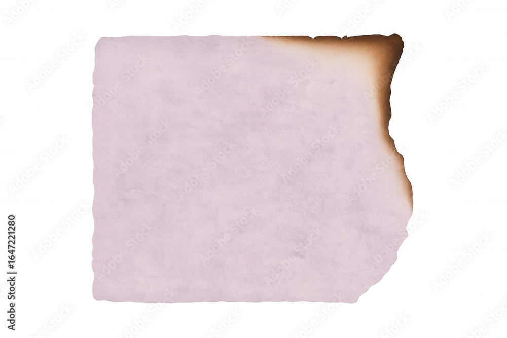 Poster pink paper with singed edges against transparent backdrop, symbolizing vulnerability and decay throu